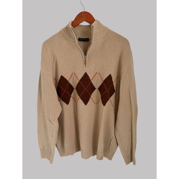 Matteo Volpi Beige Argyle Pattern Half-Zip Sweater M Wool & Cashmere Blend Unise - Picture 2 of 7
